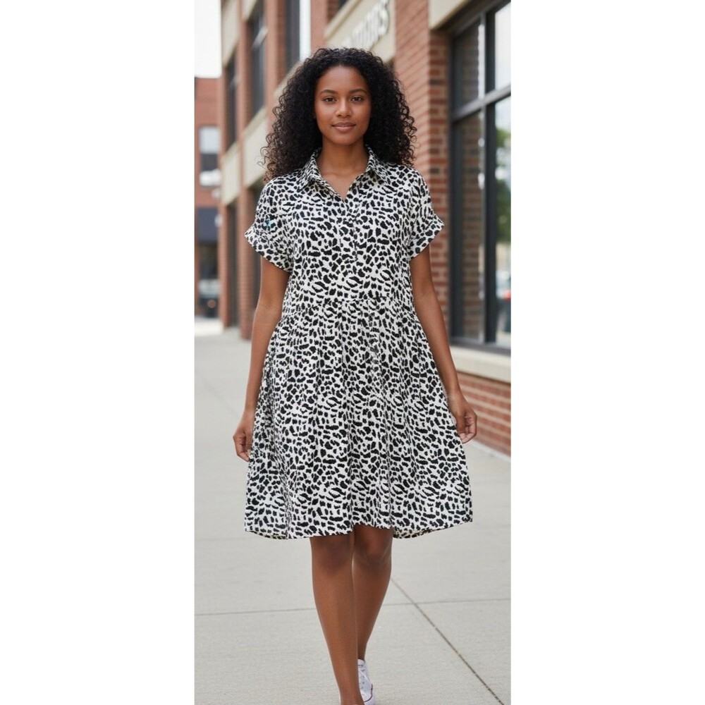 Umgee USA womens NEW! cap cuffed sleeve v-neck animal print dress Small